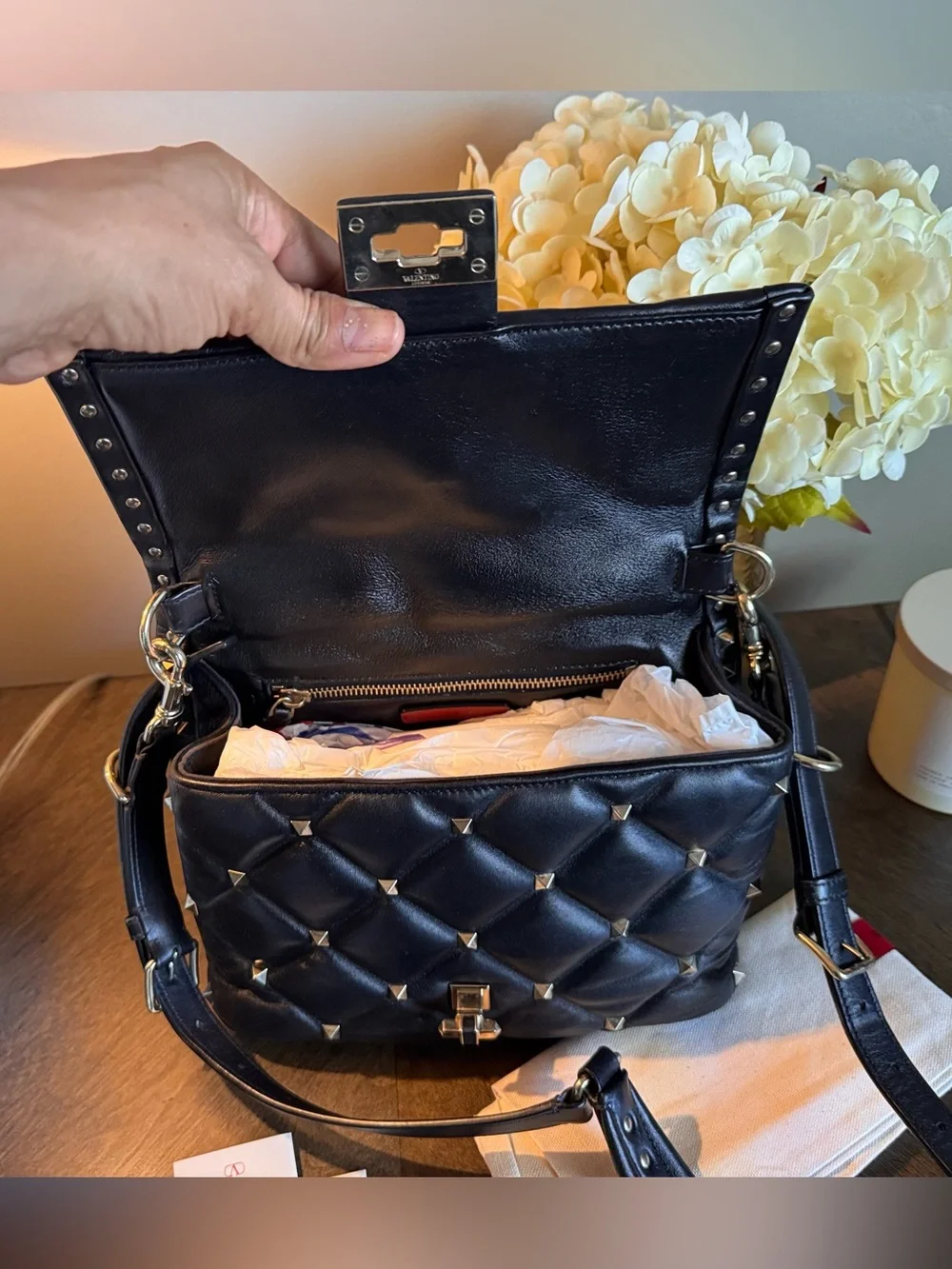 Valentino Garavani Black Quilted Leather Satchel with Gold Studs